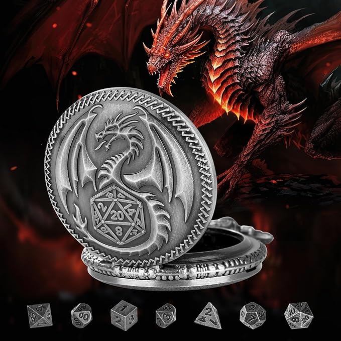 Mini DND Dice Set with Dragon Engraved Pocket Watch Shell Case, 7pcs Polyhedral Metal D&D Dice Set, DND Gifts with Gift Box, Role Playing Board Games Accessories, Dark Silver