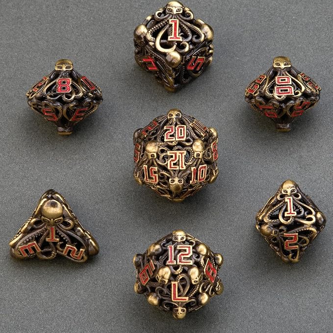Hollow Cthulhu Metal Dice Set,Unique Dungeons and Dragons Polyhedral Dice Set for D&D TRPG MTG Pathfinder Table Board Roll Playing Games D4 D6 D8 D10 D% D12 D20 (Brass)