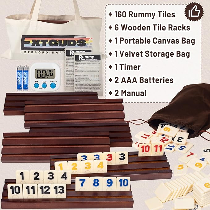 Extguds 6 Player Rummy Cube Game Set, Classic Large Tiles Rummy Cube Game, with 6 Wooden Racks/Trays, 160 Rummy Tiles, Portable Canvas Bag, 1 Timer, 1 Storage Bag,for Family and Party