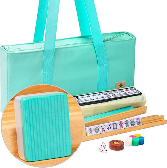 Yellow Mountain Imports American Mahjong Set, Seabreeze with Green Soft Case - 4 All-in-One Racks with Pushers, Wright Patterson Scoring Coins, Dice, & Wind Indicator