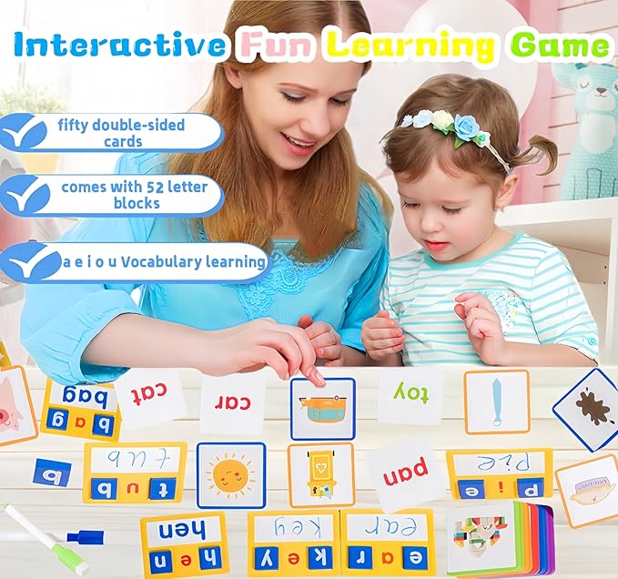 Wooden CVC Word Spelling Games, Preschool Kindergarten Learning Activities, Montessori Educational Toys for 3 4 5 6 Year Old Kids, Sight Words Flash Cards Writing Reading Letters Toy for Toddlers