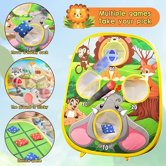 4 in 1 Portable Party Toys, Kids Bean Bag Throwing Games, Boys Shooting Toy Guns, Indoor and Outdoor Toys for 3 4 5 6 7 8 9 Year Old Boys and Girls, Birthday