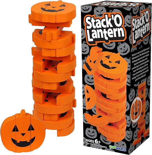 Funwares Wooden Blocks Stacking Game, Tumbling Tower and Balance Game, Family & Party Fun, Game for Kids and Adults, Ages 6+, Stack 'O Lantern, The Fall Pumpkin-Themed Wood Blocks Stacking Game