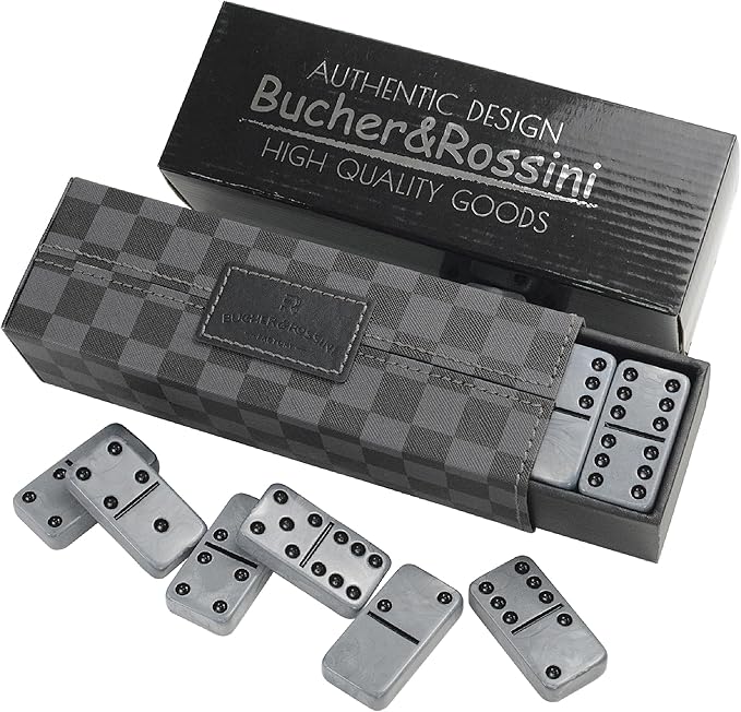 Dominos Set for Adluts - Double 6 Jumbo Domino Set - 28 Thick Marbleized Black and Gray Tiles - Dominoes Set for Adults and Kids, Classic Board Game for Family Nights & Travel (Black & Grey Case)
