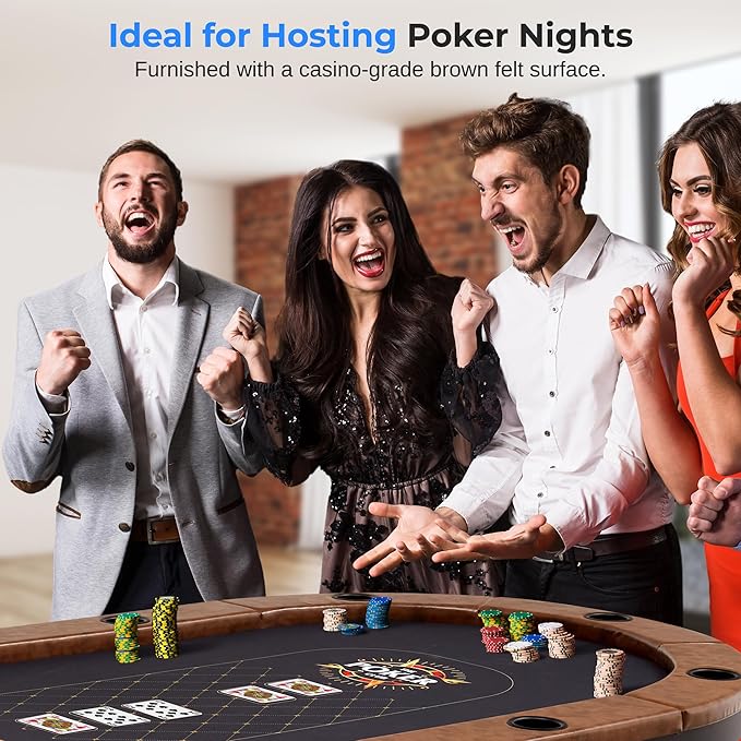 SereneLife 10-Player Oval Foldable Poker Table - Casino Texas Holdem Table with Water-Resistant Cushioned Rail, 10 Cup Holders, Brown Felt Surface, Black Jack Board & Family Games (Dark Brown)