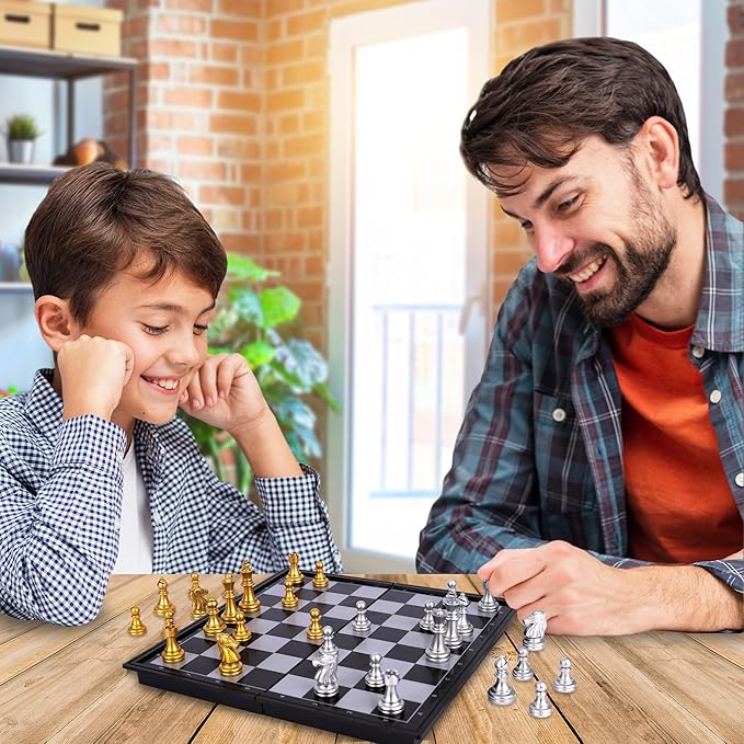 Gamie 3 in 1 Magnetic Travel Chess Set - Portable Chess, Checkers, Backgammon Set - 9 Inch Magnetic Chess Board for Road Trips - Travel Games for Kids and Adults - Gift Idea for Ages 3 and Up