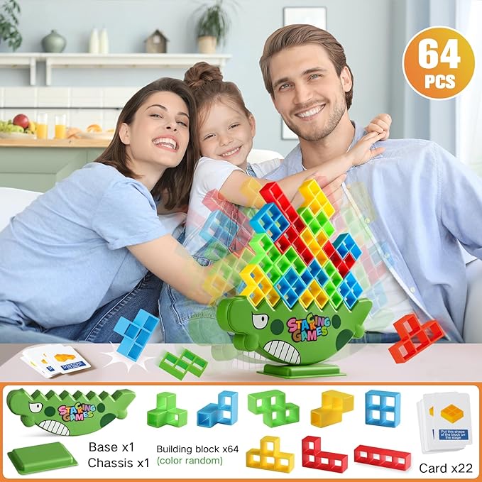 Tetra Tower Game, 64 PCS Board Games Kids and Stacking Blocks - Perfect Family Games for Kids and Adults, Ideal for Team Games, Building Games - Engaging and Exciting