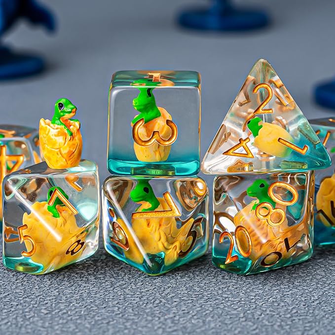 DND Resin Dinosaur Dice Set, D&D Polyhedral Dice for Dungeons and Dragons RPG, MTG Role Playing Games D and D Dice 7pcs-Set D20 D12 D10 D8 D6 D4