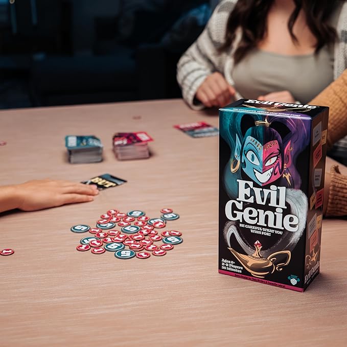 Evil Genie, Party Game Where Players Combine Good Cards with Evil Cards to Grant One Messed Up Wish, Then Guess If The Wish Will Be Taken to Score Points & Win The Game, for 2 – 8 Players, Ages 8+