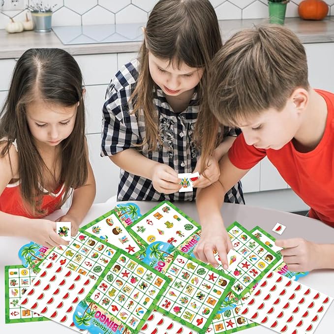 Summer Bingo Game Cards for Kids Adults, 24 Players Tropical Hawaiian Bingo Cards for School Classroom Family Activities Summer Party Favors Supplies