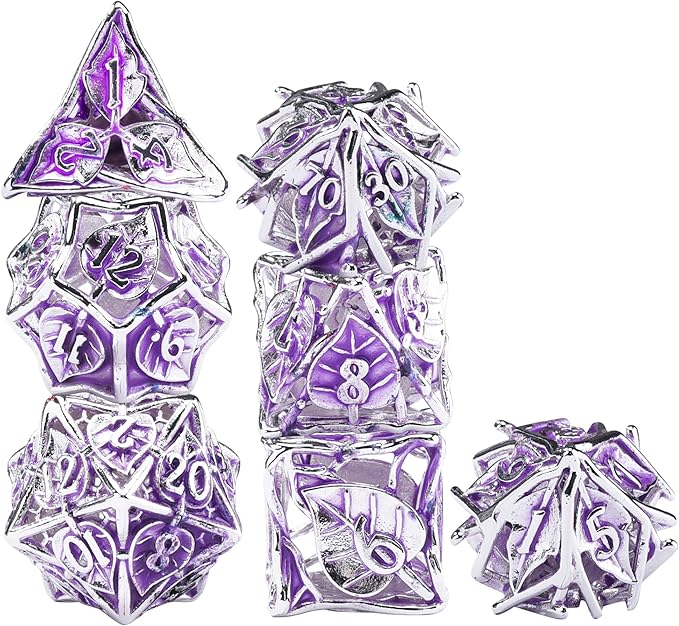 AUSTOR Metal Maple Leaf DND Dice Set 7 Pieces Hollow Polyhedral Dice D20 D12 D10 D% D8 D6 D4 Copper Dice with Metal Box for Dungeons & Dragons RPG Board Games (Violet & Silver)