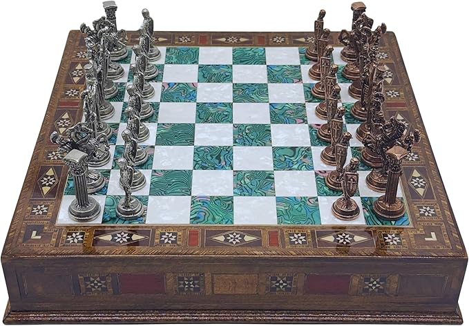 15’’ Handmade Chess Set with British Army Metal Chess Pieces, Luxury Storage Chess Board, for All Ages, Ideal for Father, (Green)