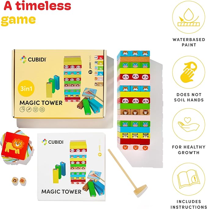 CUBIDI® Original Wooden Stacking Tumbling Tower Game That Promotes Development & Motor Skills of Toddlers Block Game for Children & Adults and Family