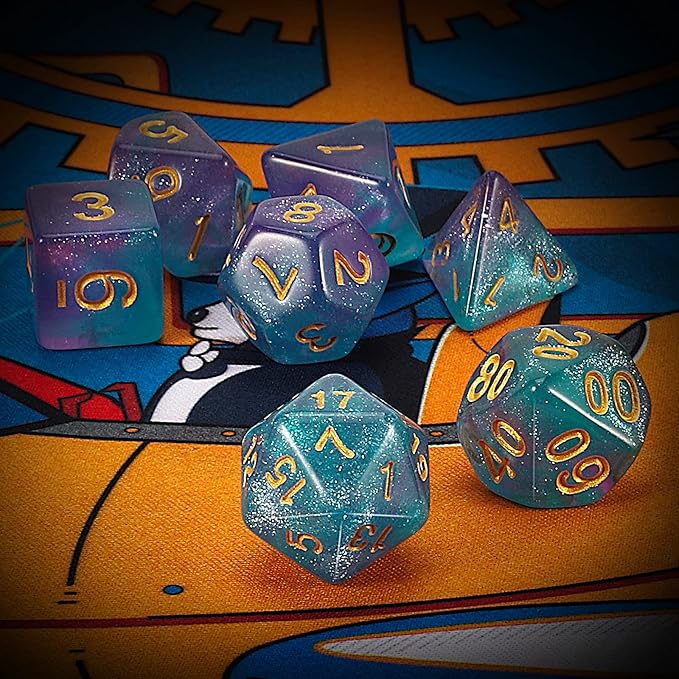 QMAY DND Dice Set -D&D Polyhedral Dice (7 Pcs) for Dungeons and Dragons (Purple Light Blue Glitter)