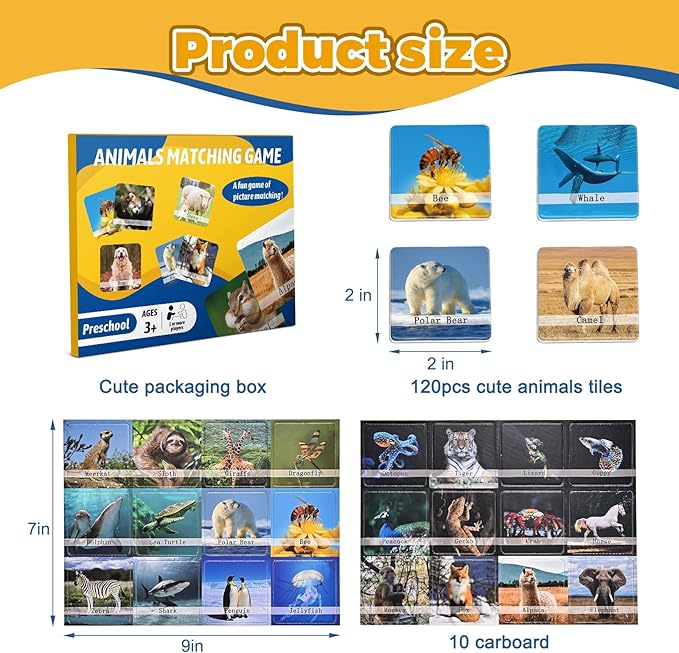 GOLDGE 120PCS Memory Match Game for Kids | Animal Theme | Educational Toddler & Preschool Activity | Boys, Girls, & Family Fun | Board Game