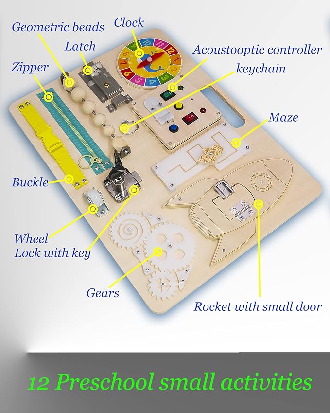 Busy Board for Toddlers 1-3 - Wooden Sensory Baby Activity Montessori Light Switch Toy - Kid's Educational Toys