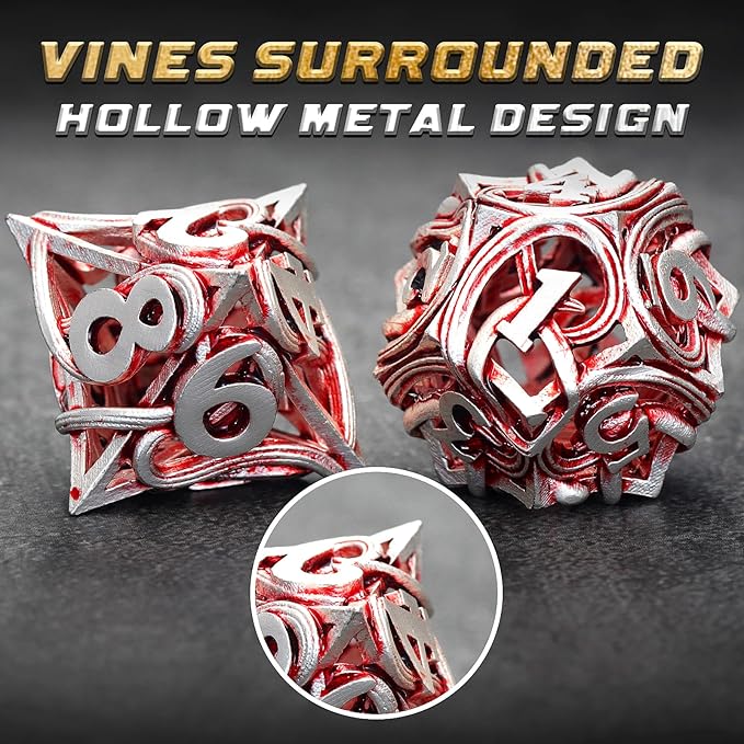 DND Dice Metal for Dungeons and Dragon 7 Polyhedral Dice Set Hollow Metal Vine D&D Dice for Role Playing Game RPG (White Red)