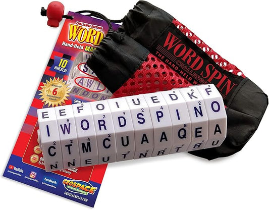 Geospace The Original Handheld Magnetic Spin Game, Take-Along Travel Edition with Storage Pouch (Challenge Word Spin)