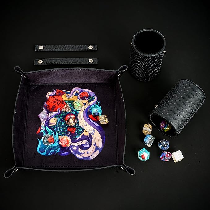 3 in 1 DND Dice Tray with Two Dice Cup Set, PU Leather Portable Folding Dice Rolling Tray for RPG Board Games and Pub Party Games