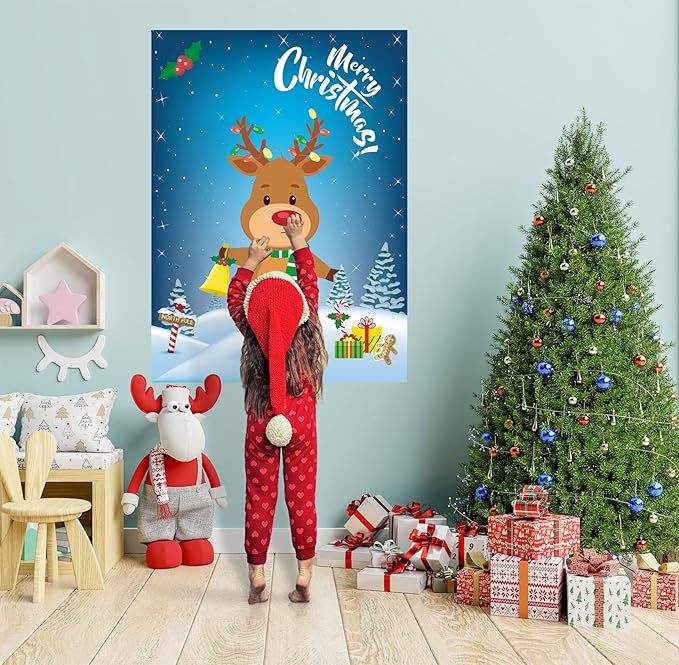 Funnlot Christmas Games for Kids Pin The Nose on The Reindeer Christmas Holiday Party Games Reusable 24 Noses Stickers and 1 Blindfold for for Kids and Adults