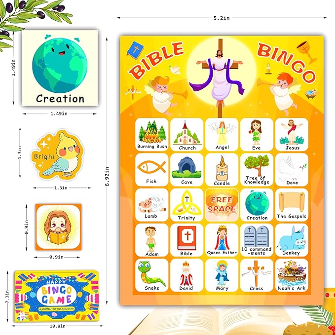 24 Players Bible Bingo Cards, Christian Bingo Game for Kids with Punny Stickers Jesus Religious Christian Game for Church Sunday Family Activities