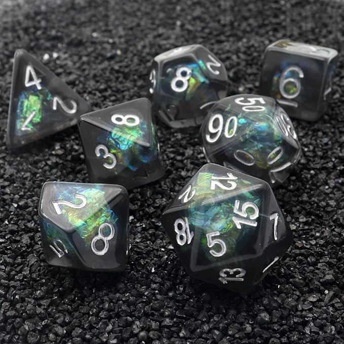 Haxtec DND Dice Set 7PCS Resin Dice Set Black with Iridescent Mylar Inclusion Polyhedral D&D Dice for Roleplaying Dice Games as Dungeons and Dragons