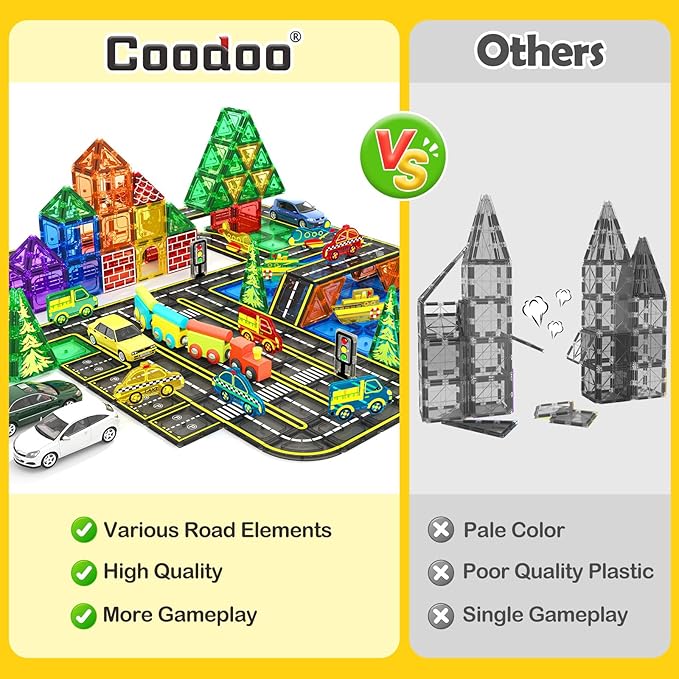Magnetic Tiles City Road with Cars Kids Toys for Ages 5-7 3-5 4-8, STEM Magnetic Blocks Building Toddler Toys, Creative Gifts Sensory Toy for 3+ Year Old Boys and Girls