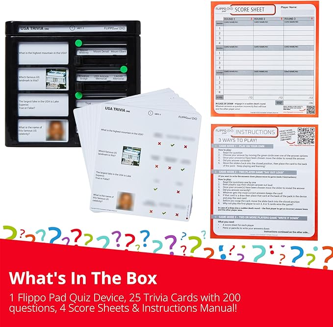 Quiz Device Game - USA Trivia Quiz Game - 25 Cards - 200 Questions - Educational & Fun - Ideal Travel Games for Kids - Family Quiz Games - Portable Pack - Age 6+