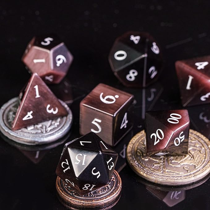 UDIXI Natural Gemstone Dice Set, 7PCS Crystal DND Dice for Dungeons and Dragons, Handmade Stone Dice for Table Games (Purple Cat's Eye)