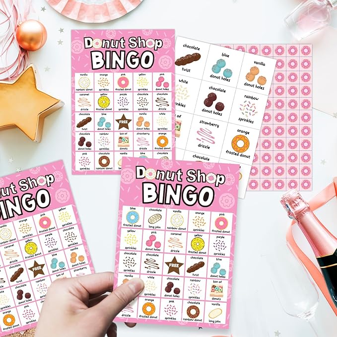 Donut Shop Bingo Cards, Donut Bingo Game, 24 Players, Sweet Treats Party Activities for Family Friends, Bingo Game for Large Group Party