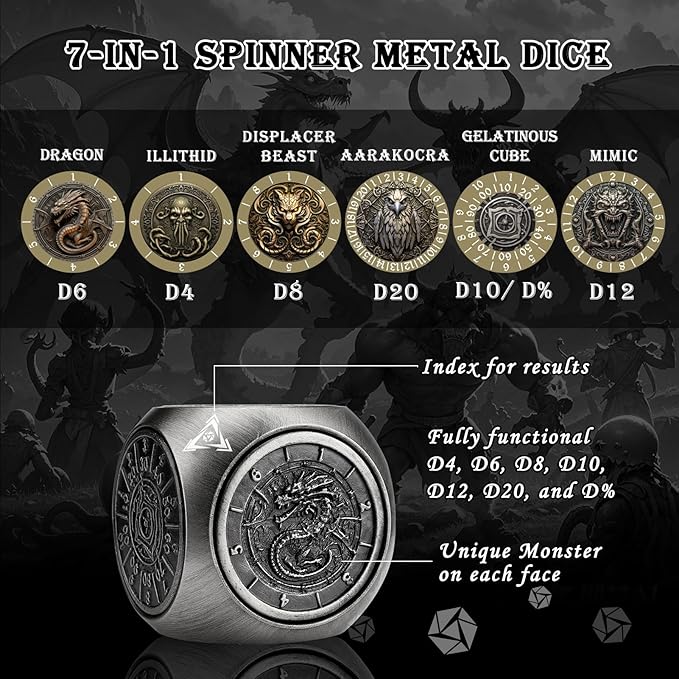 Haxtec Spinner Dice 7-in-1 Metal DND Dice Set Unique Dice Spinner Goblins Metal D&D Die for Dungeons and Dragons DND Gifts