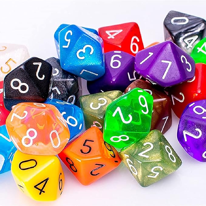TecUnite 25 Pieces Polyhedral Dice Set with Black Pouch for Other Table Games with Random Multi Colored Assortment (Mix Color,10 Side)