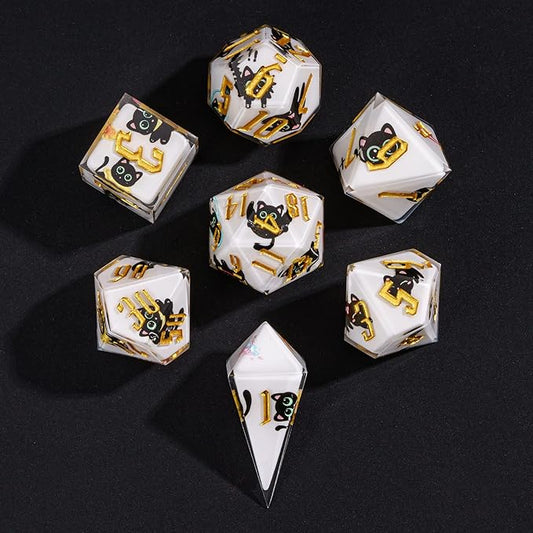Cusdie 7-Piece Sharp Edges DND Dice Set - Cute Black Cat Stickers Inside - Perfect for Tabletop RPGs and Board Games