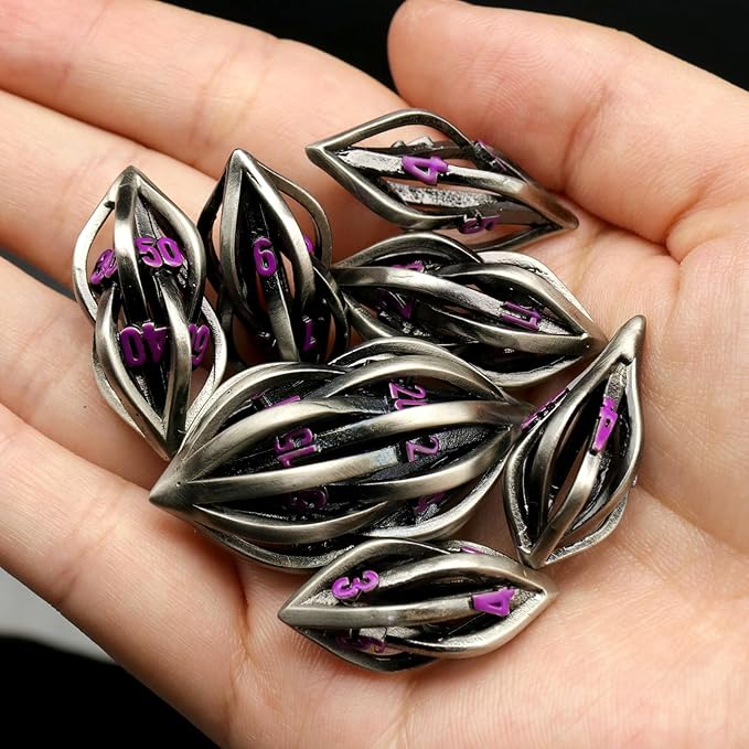 D&D Metal Dice Set Arcanum with Box Hollow Role Playing DND Dice Polyhedral Gaming RPG Dice for Tabletop Dungeons and Dragons D20 D12 D10 D8 D6 D4 (Arcanum Purple Number)