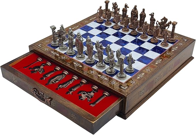 15’’ Handmade Chess Set with British Army Metal Chess Pieces, Luxury Storage Chess Board, for All Ages, Ideal for Father, (Blue)