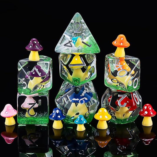 D&D Resin Mushrooms Dice Set, Polyhedral DND Dice Colored Mushrooms Inclusion Dice for Dungeons and Dragons MTG RPG Board Games