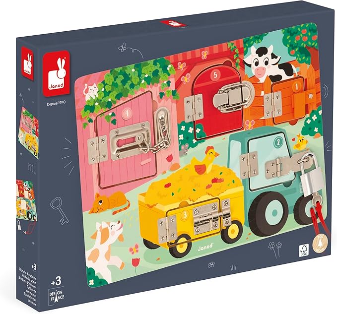 Janod J07119 Farm Padlock Activity Board with 5 Opening Types of Wooden Toys, FSC- from 3 Years, Multi-Coloured