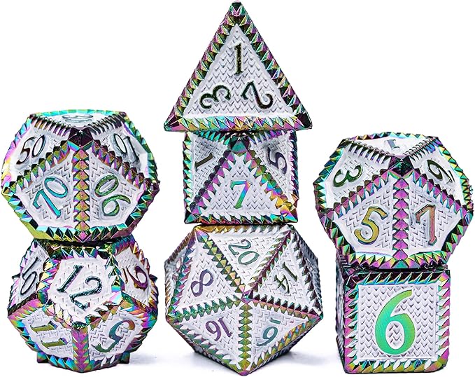 7-Die Metal DND Dice Set, Serrated Design Metal Dice Set 7 Pcs D&D Dice Set for Dungeons and Dragons Role Playing Game(RPG),Pathfinder,Table Game,Board Games(Colorful White)