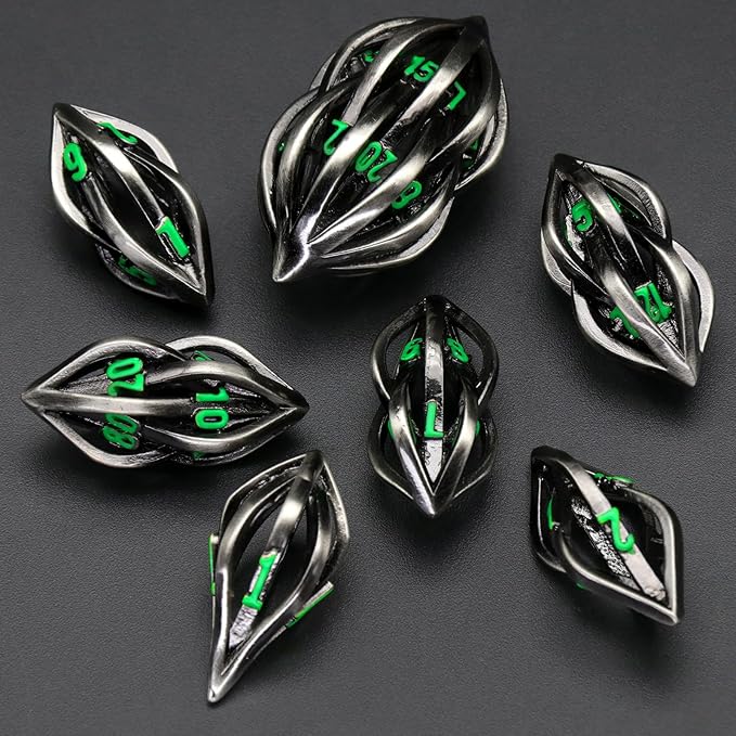 Arcanum Dungeons and Dragons Dice Hollow Metal Dice D&D Polyhedral Cool RPG Dice for Role Playing D&D Gift D20 D12 D10 D8 D6 D4 (Arcanum Green Number)