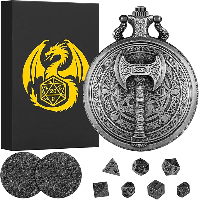 Mini DND Dice Set With Steampunk Barbarian Axe Pocket Watch Shell Case, 7pcs Polyhedral Metal Dice Set, D&D Gifts With Gift Box, Role Playing Board Games Accessories, Dark Silver