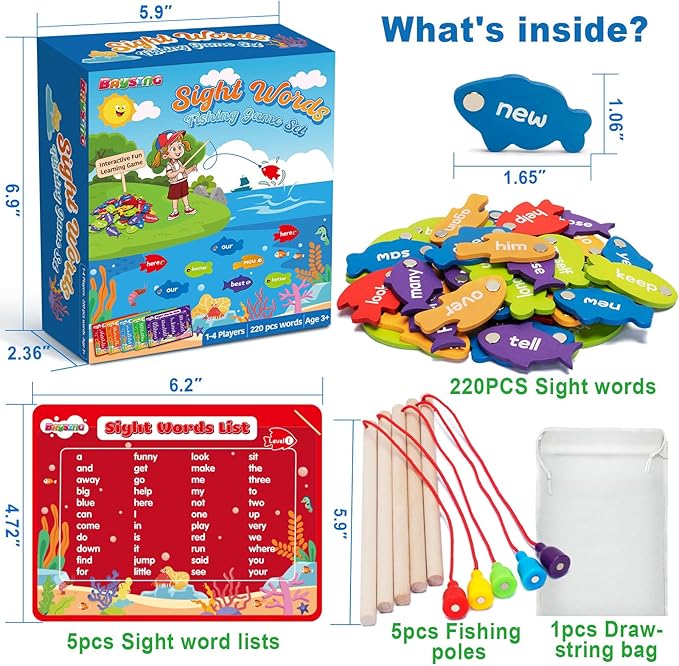 BAYSING Wooden Magnetic Sight Word Fishing Game for Toddlers, Alphabet Fish Catching Games Puzzle with Letters, Homeschool Sight Word Educational Toy for Age of 3,4,5,6 Year Old Kids, Boys & Girls