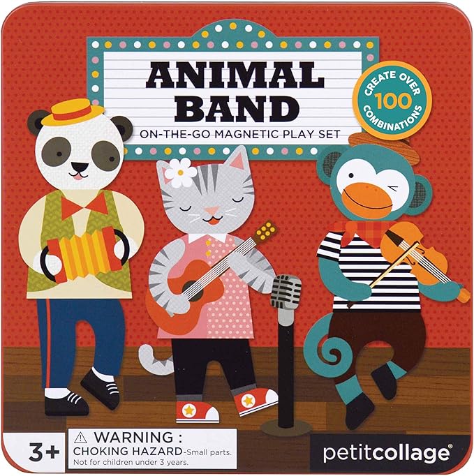 Petit Collage Magnetic Play Set, Animal Band – Mix & Match Magnetic Game Board, Ideal for Ages 3+ – Includes 2 Magnetic Scenes and over 25 Magnet Pieces, Ideal Travel Activity for Kids