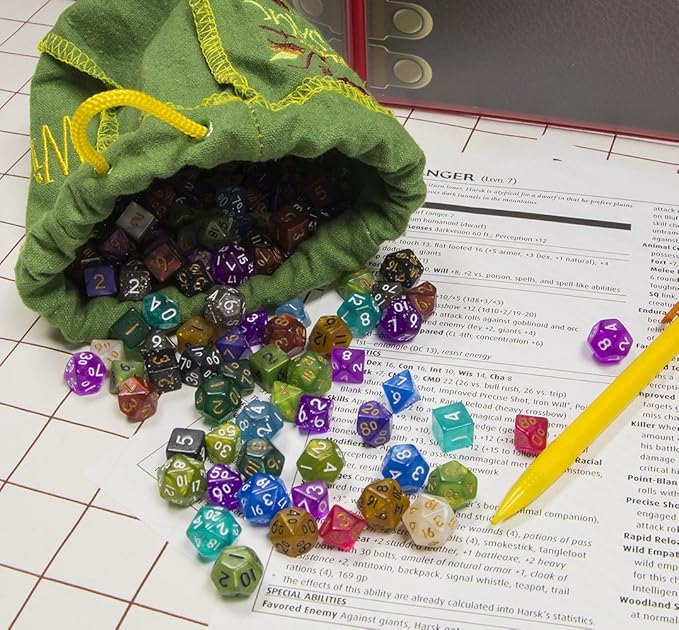 Wiz Dice Mini DND Dice Set - 140 Pieces Total (20 Sets of 7 Dice in Unique Colors) & Storage D&D Bag-Polyhedral Role Playing Dice - Perfect DND Accessories for TTRPG Dice - Hafling's Haversack