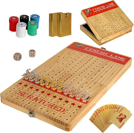 21in Foldable Horse Racing Board Game Includes Elegant Large-Scale Horse Racing Board 11 Metal Horses 2 Dice 2 Decks of Fine Playing Cards 100 Chips Deluxe Packaging Ideal for Team and Family Games