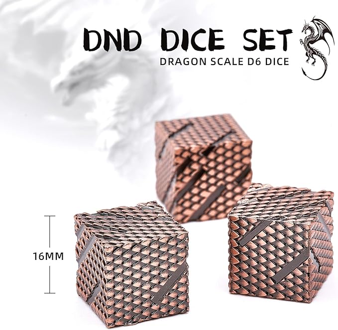 6 Sided Dice Set,16mm Heavy Metal Dragon Scale Design Game Dice Set with Gift Box for Dungeons and Dragon Fantasy Tabletop Game(Ls-Copper)