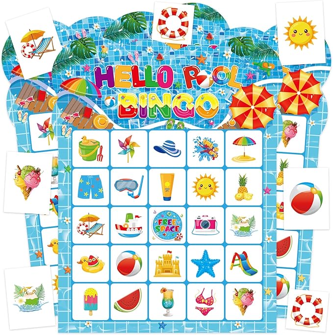 Pool Party Bingo Games for Kids Adults, 24 Players Summer Bingo Game Cards for School Classroom Family Activities Hawaiian Tropical Party Favors Supplies