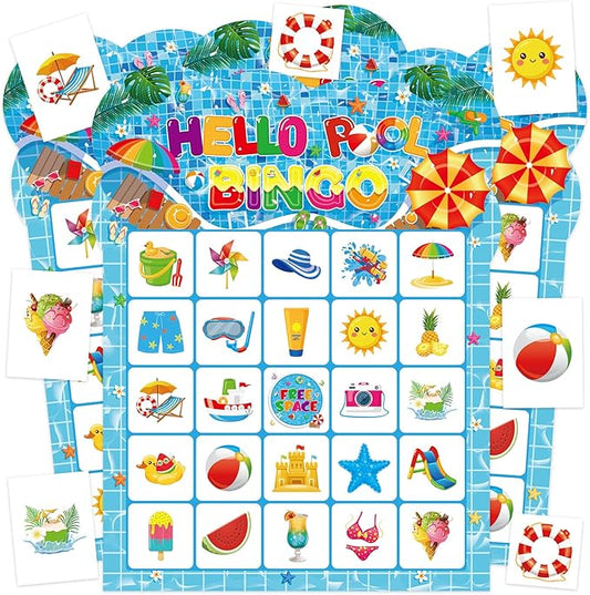 Pool Party Bingo Games for Kids Adults, 24 Players Summer Bingo Game Cards for School Classroom Family Activities Hawaiian Tropical Party Favors Supplies