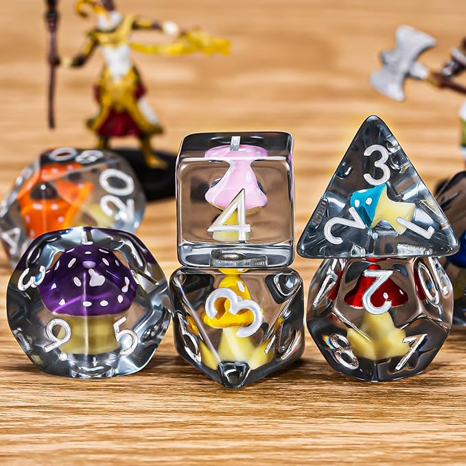 Resin Mushroom D&D Dice Set, Polyhedral Dice 7pcs (D4, D6, D8, D10, D12, D20, D%) for Dungeons and Dragons, RPG, MTG Role Playing Games
