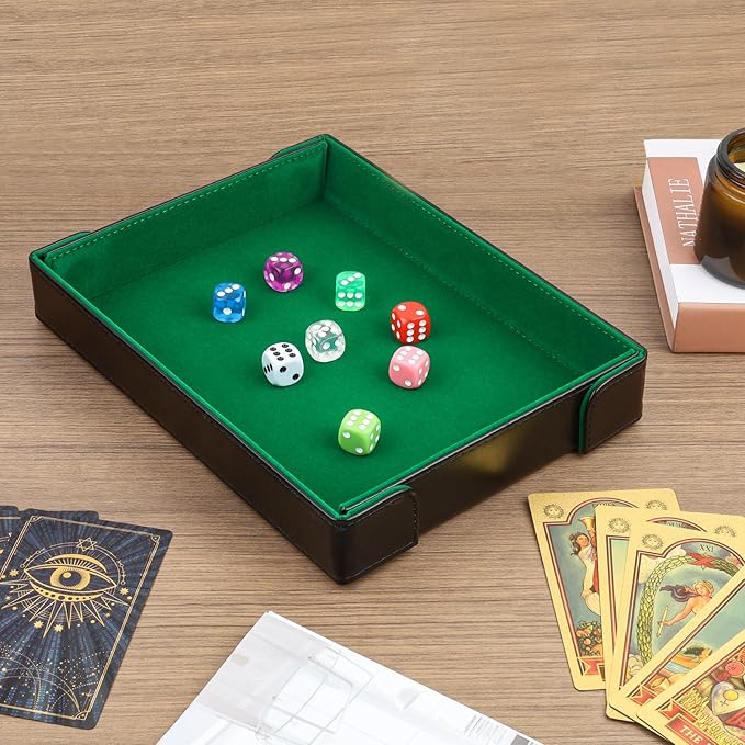PU Leather Dice Tray Magnetic Folding Dice Rolling Mat with Green Felt Lining for Dice Games Portable Tabletop Board Games Tray