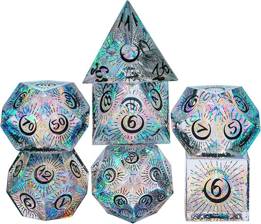 Cusdie Sharp Edges DND Dice, 7 PCs Moon Dice Set D&D Dice, Handcrafted Polyhedral Dice Set, for Role Playing Game Pathfinder(Moon/Black)